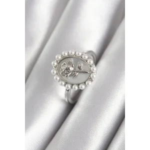 Pirinç Gümüş Renk Portre Gül Model İnci Detay Kadın Yüzük