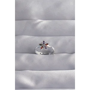 Pirinç Gümüş Renk Renkli Zirkon Taşlı Ayarlamalı Yüzük