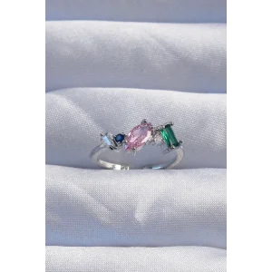 Pirinç Gümüş Renk Renkli Zirkon Taşlı Ayarlanabilir Yüzük