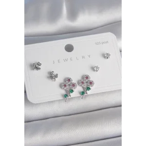 Pirinç Gümüş Renk Renkli Zirkon Taşlı Çiçek Model Yaprak Detay 925 Ayar Gümüş Çivi Kadın Küpe Seti