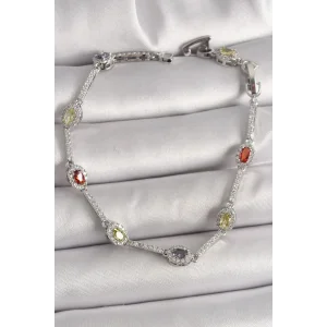 Pirinç Gümüş Renk Renkli Zirkon Taşlı Damla Taş Model Kadın Bileklik