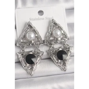 Pirinç Gümüş Renk Sallantı Üçgen Model İnci Detay Kadın Küpe