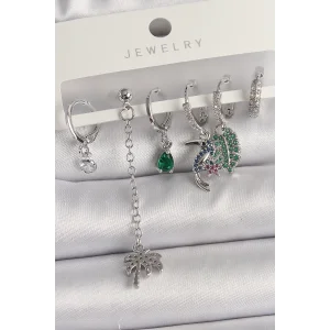 Pirinç Gümüş Renk Sallantı Zirkon Taşlı Ağaç Figür Çoklu Kadın Küpe Seti