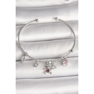 Pirinç Gümüş Renk Sallantı Zirkon Taşlı Ayıcık Figür Kırmızı Taş Detay Charm Kadın Bileklik