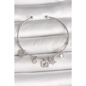 Pirinç Gümüş Renk Sallantı Zirkon Taşlı Ayıcık Figür Taç Detay Charm Kadın Bileklik