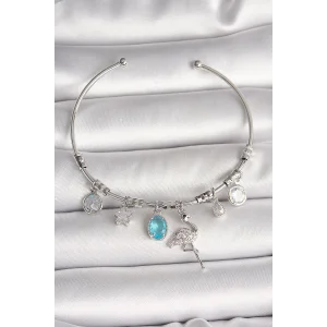 Pirinç Gümüş Renk Sallantı Zirkon Taşlı Filaminga Figür Charm Kadın Bileklik