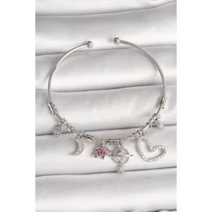 Pirinç Gümüş Renk Sallantı Zirkon Taşlı Gezegen Figür Kalp Detay Charm Kadın Bileklik