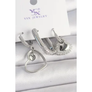 Pirinç Gümüş Renk Sallantı Zirkon Taşlı Kalp Model 3Lü Kadın Kombin Küpe