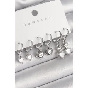 Pirinç Gümüş Renk Sallantı Zirkon Taşlı Kalp Model Taç Detay Kadın Küpe Seti