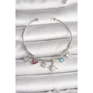 Pirinç Gümüş Renk Sallantı Zirkon Taşlı Kutup Yıldız Figür Kalp Detay Charm Kadın Bileklik