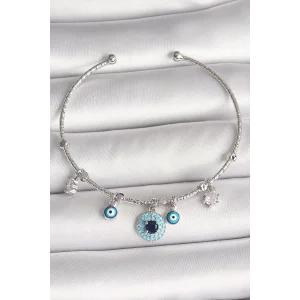 Pirinç Gümüş Renk Sallantı Zirkon Taşlı Nazar Boncuk Figür Charm Kadın Bileklik