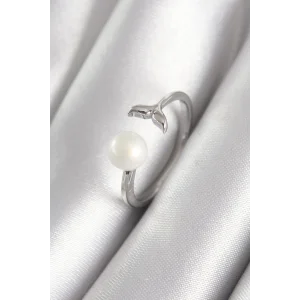 Pirinç Gümüş Renk Top İnci Figür Balık Kuyruğu Model Kadın Yüzük