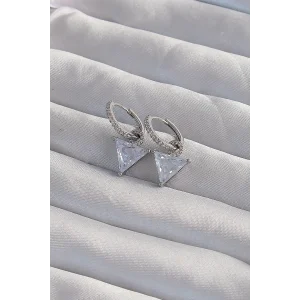 Pirinç Gümüş Renk Üçgen Zirkon Taşlı Sallantılı Halka Küpe