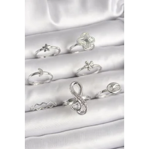 Pirinç Gümüş Renk Yonca Figür Sonsuzluk Zirkon Taşlı Kalp Detay Kadın Yüzük Kombini