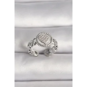 Pirinç Gümüş Renk Zincir Model Zirkon Taşlı Kalp Model Kadın Yüzük