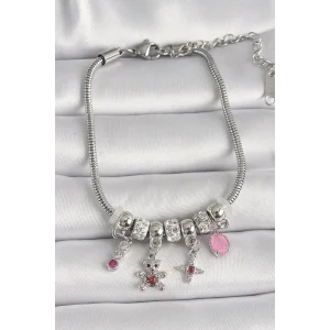 Pirinç Gümüş Renk Zincir Sallantı Zirkon Taşlı Ayıcık Figür Yıldız Detay Kadın Bileklik