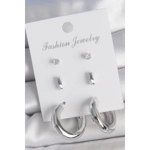 Pirinç Gümüş Renk Zirkon Taş Detay Halka Model 3 Çift Kadın Küpe Seti