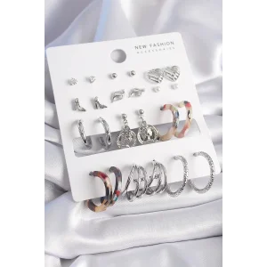 Pirinç Gümüş Renk Zirkon Taş Detaylı 12 Çift Kadın Küpe