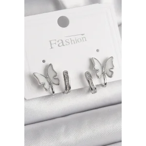 Pirinç Gümüş Renk Zirkon Taş Detaylı Beyaz Sedefli Kelebek Model Kadın Küpe