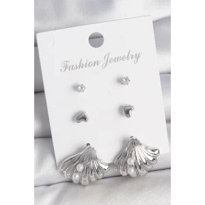 Pirinç Gümüş Renk Zirkon Taş Detaylı İnci Detaylı Deniz Kabuğu Model 3 Çift Kadın Küpe