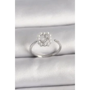 Pirinç Gümüş Renk Zirkon Taş Detaylı İncili Ayarlanabilir Yüzük