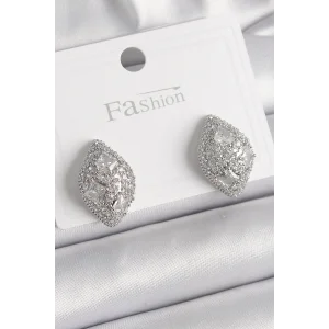 Pirinç Gümüş Renk Zirkon Taş İşlemeli Damla Model Kadın Küpe