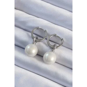 Pirinç Gümüş Renk Zirkon Taş Kaplama İnci Tasarımlı Kadın Küpe