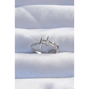 Pirinç Gümüş Renk Zirkon Taşlı 2li Görünüm Ayarlanabilir Yıldız Model Yüzük