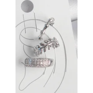 Pirinç Gümüş Renk Zirkon Taşlı 3Lü Model Yaprak Figür Kadın Kıkırdak Küpe