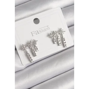 Pirinç Gümüş Renk Zirkon Taşlı 3Lü Sallantı Yıldız Model Kadın Küpe