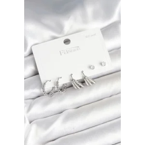 Pirinç Gümüş Renk Zirkon Taşlı 925 Gümüş Çivili Kadın Küpe Seti