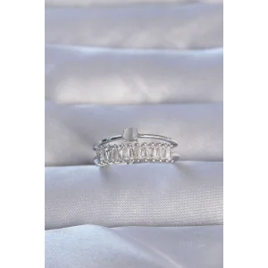 Pirinç Gümüş Renk Zirkon Taşlı Baget Su Yolu Model Ayarlanabilir Yüzük