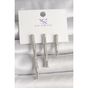 Pirinç Gümüş Renk Zirkon Taşlı Bambu Model 3Lü Kadın Kombin Küpe