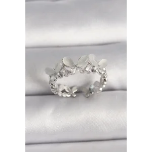 Pirinç Gümüş Renk Zirkon Taşlı Beyaz Mineli Kelebek Model Ayarlanabilir Yüzük