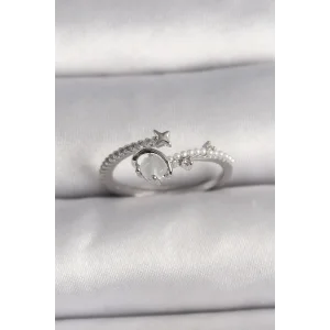 Pirinç Gümüş Renk Zirkon Taşlı Beyaz Mineli Yıldız Detay Ayarlanabilir Kadın Yüzük
