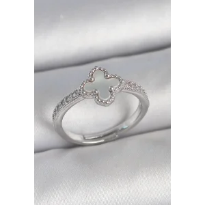 Pirinç Gümüş Renk Zirkon Taşlı Beyaz Mineli Yonca Model Ayarlanabilir Kadın Yüzük