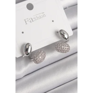 Pirinç Gümüş Renk Zirkon Taşlı Bombeli Model Kadın Küpe