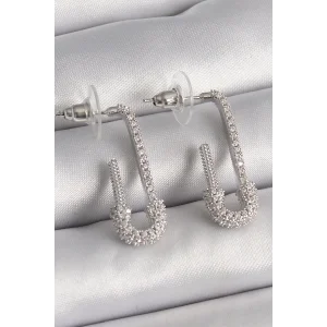 Pirinç Gümüş Renk Zirkon Taşlı Çengelli İğne Model Kadın Küpe