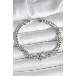 Pirinç Gümüş Renk Zirkon Taşlı Çiçek Figür Arpa Zincir Model Kadın Bileklik
