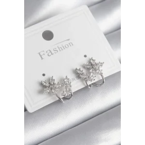 Pirinç Gümüş Renk Zirkon Taşlı Çiçek Model Kadın Küpe