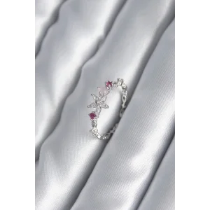 Pirinç Gümüş Renk Zirkon Taşlı Çiçek Model Pembe Zirkon Taş Detay Kadın Yüzük