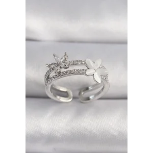 Pirinç Gümüş Renk Zirkon Taşlı Çiçek Model VIP Seri Kadın Yüzük