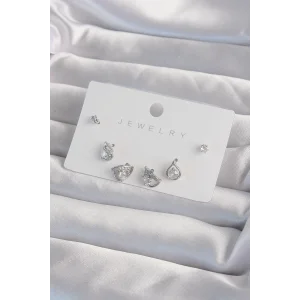 Pirinç Gümüş Renk Zirkon Taşlı Damla Model Küpe Seti