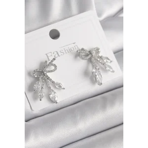 Pirinç Gümüş Renk Zirkon Taşlı Düğüm Model Damla Zirkon Taşlı Kadın Küpe