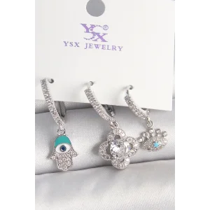 Pirinç Gümüş Renk Zirkon Taşlı Fatma Ana Yonca Figür Göz Detay 3Lü Kadın Kombin Küpe