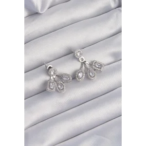 Pirinç Gümüş Renk Zirkon Taşlı Geometrik Model Küpe