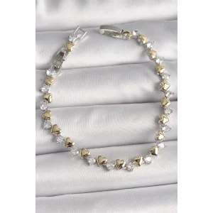 Pirinç Gümüş Renk Zirkon Taşlı Gold Kalpli VIP Seri Kadın Bileklik