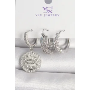 Pirinç Gümüş Renk Zirkon Taşlı Göz İşlemeli Halka Model 3Lü Kadın Kombin Küpe