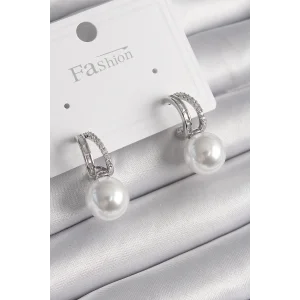 Pirinç Gümüş Renk Zirkon Taşlı Halka İnci Detay Kadın Küpe