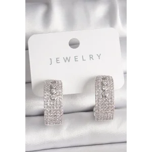 Pirinç Gümüş Renk Zirkon Taşlı Halka Messika Model Kadın Küpe